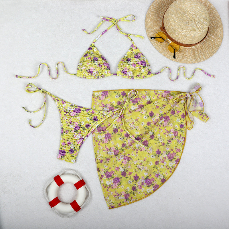 Print Bikini Three-Piece Set – Sheer Skirt Separates, Sexy Vacation Swimwear