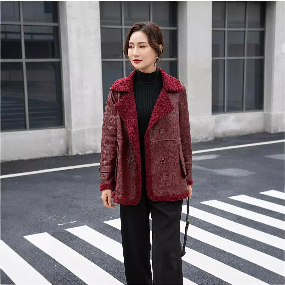 Women's Winter Faux Fur-Trimmed  Plus Sizes Leather Jacket