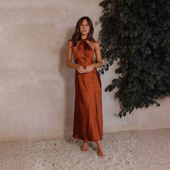 Women's Satin Halter Neck Slit Maxi Dress with Cinched Waist