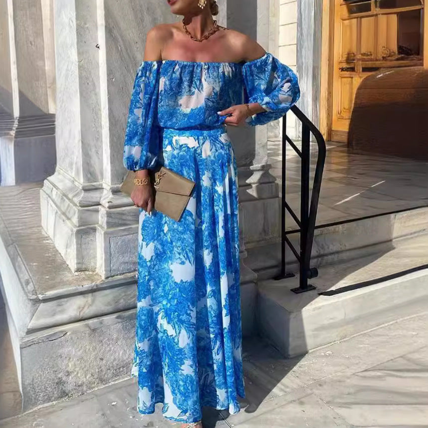 Off-Shoulder Floral Print High Waist Elegant Dress