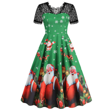 Christmas Theme Floral Print Dress with Lace Inserts and Flared Skirt
