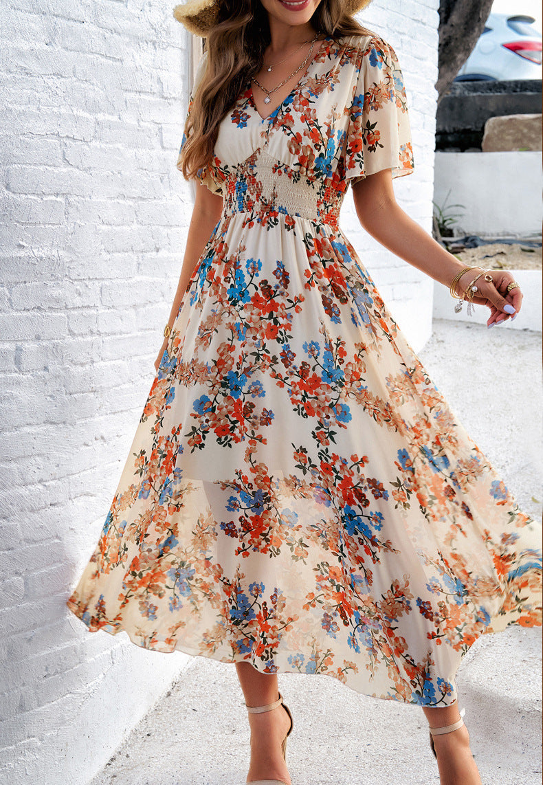 Women's Floral Print Chiffon Dress – Short Sleeve, Waist-Tied