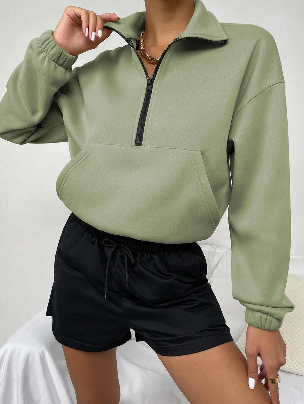 Casual Women Stand Collar Zipper Loose Hoodies