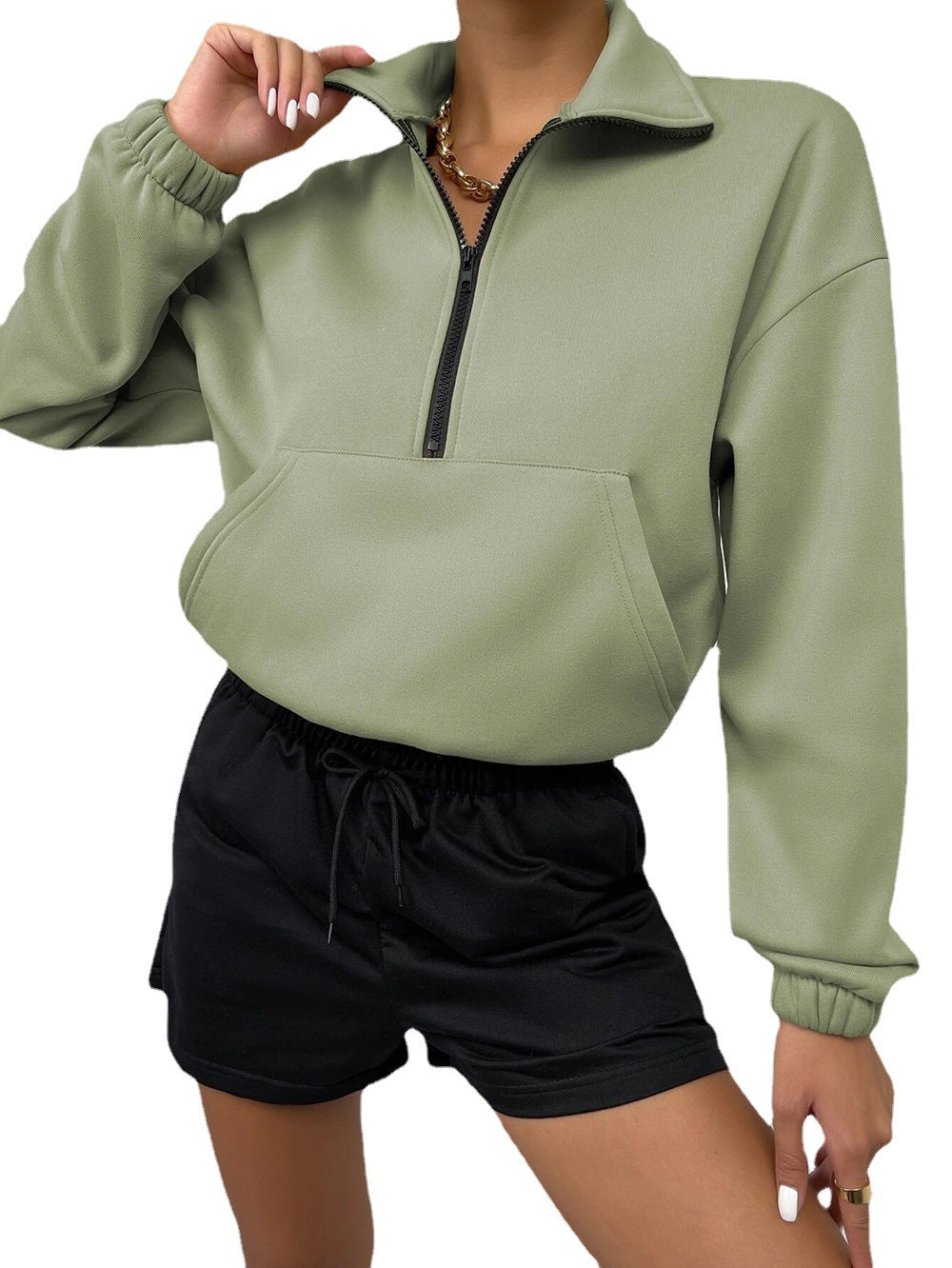 Casual Women Stand Collar Zipper Loose Hoodies