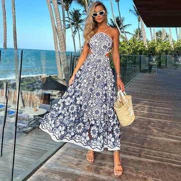 Designed Women's Sexy Vacation Print Dress - Halter Neck, Cutout Waist, Strappy Sundress