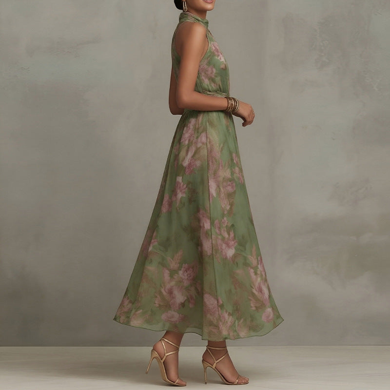 Elegant Halter Neck Sleeveless Print Maxi Dress