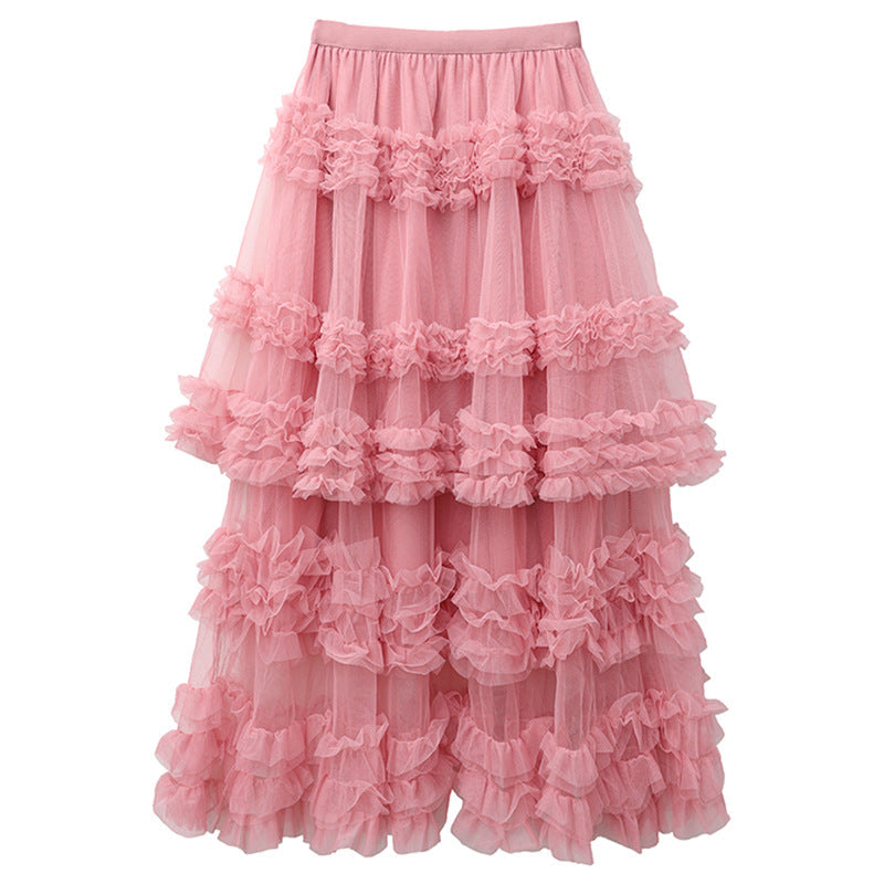 Layered Tulle Skirt - High Waist Ruffled Lace Trim Semi-Formal Skirt
