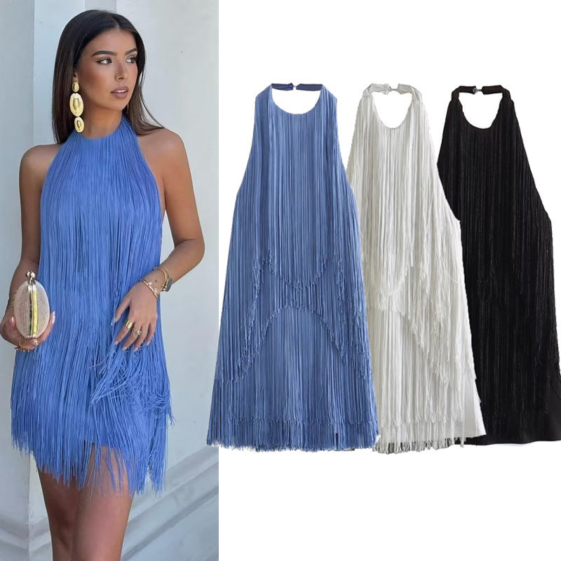 Elegant Halter Neck Fringe Hem Summer Dress
