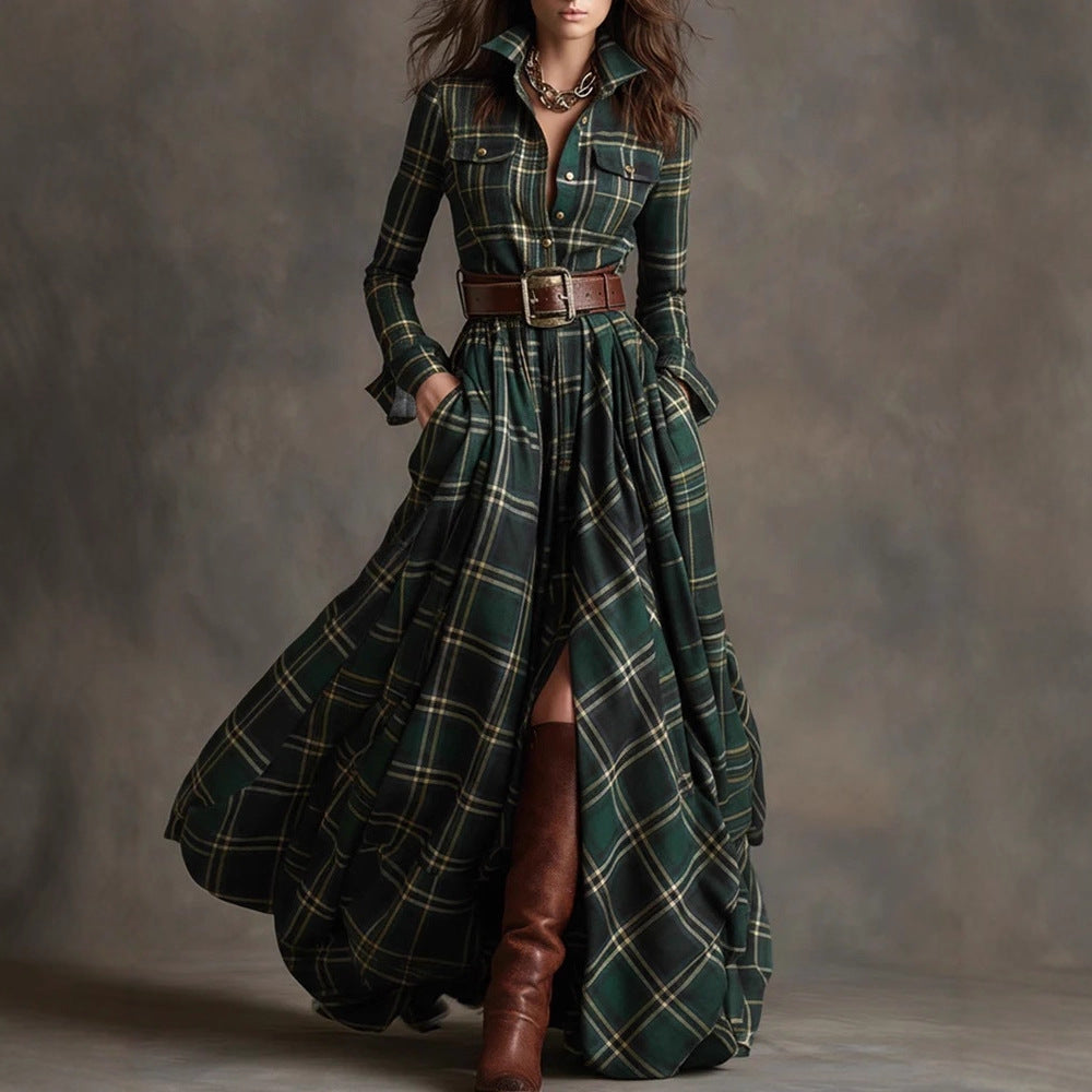 Plus Size French Vintage Plaid Slimming Irregular Hem Dress