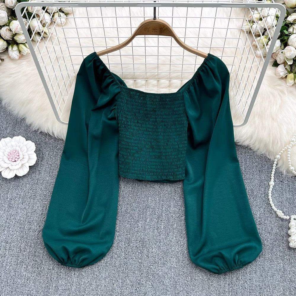 V-Neck Ruffle Bubble Sleeve Cropped Top