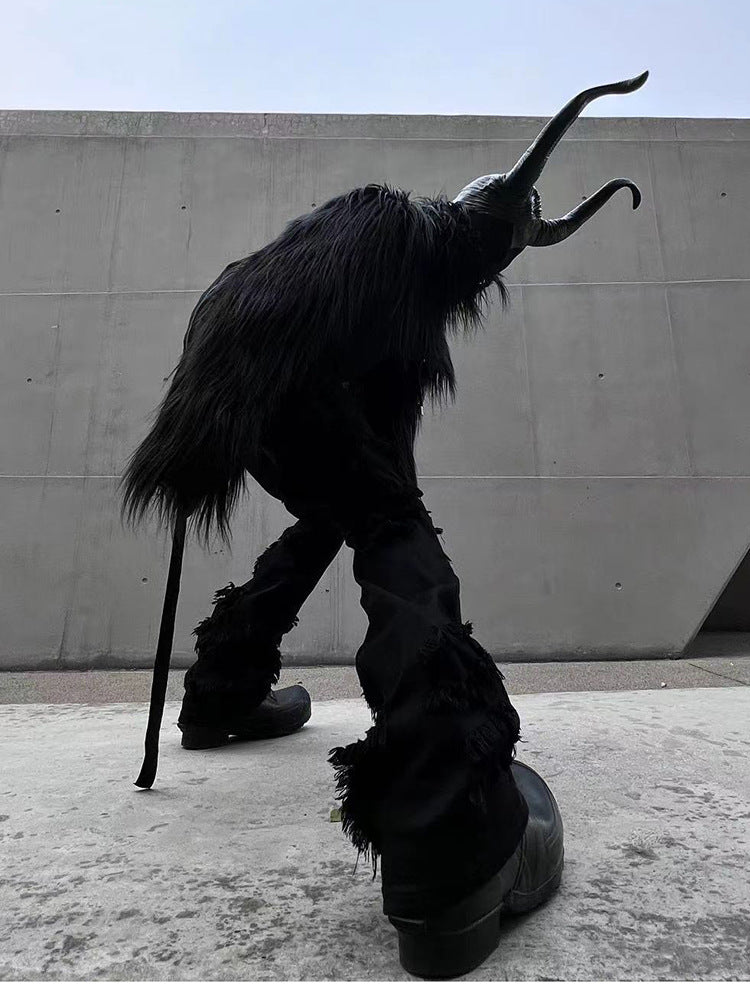 Halloween Dark Fantasy Horned Headpiece & Cropped Faux Fur Jacket Set