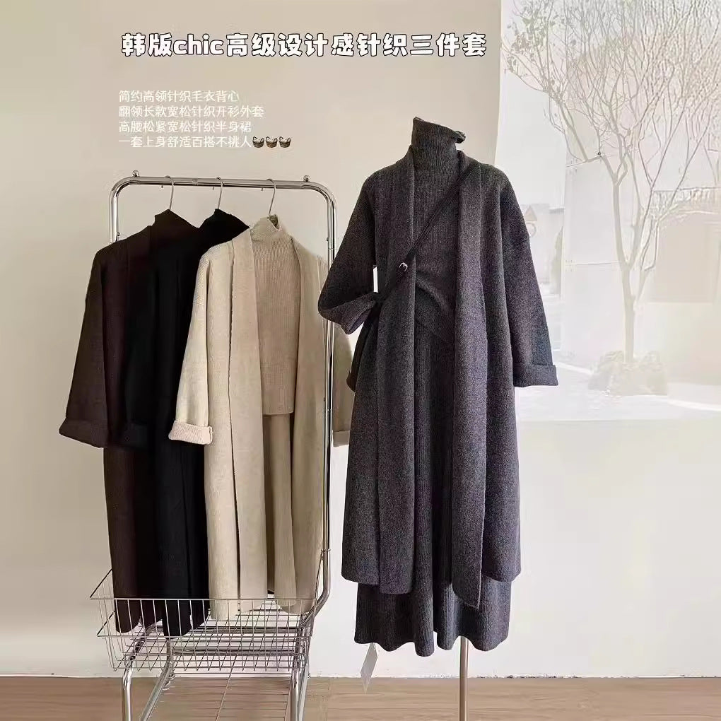 Women's Knit Three-Piece Set: High-Neck Vest & Skirt Outfit