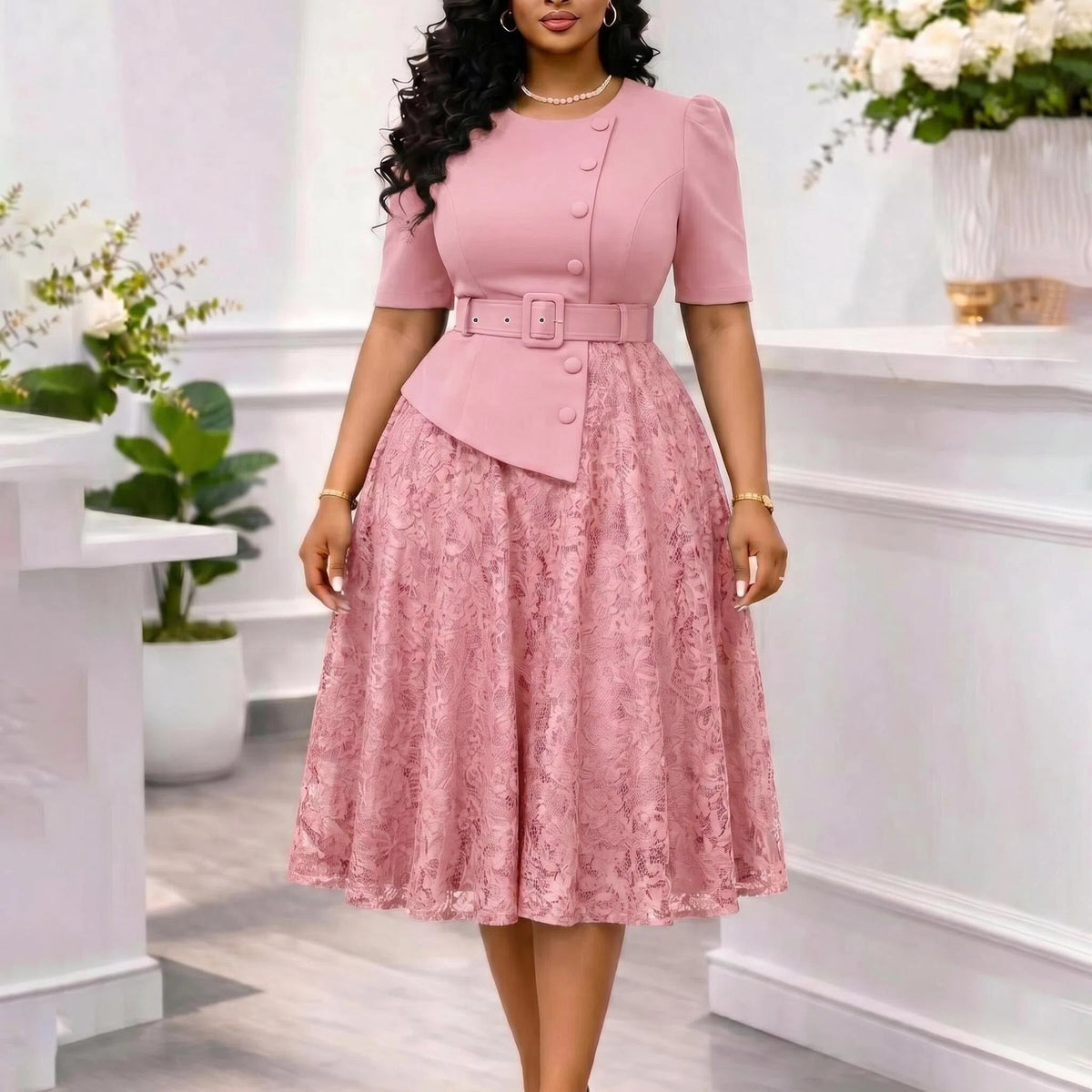 Summer Elegant Lace Spliced High-Waist Plus Size Two-Piece Look Dress