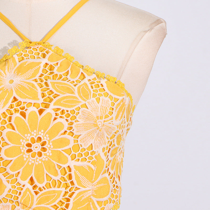 Designed Women's Sexy Vacation Print Dress - Halter Neck, Cutout Waist, Strappy Sundress