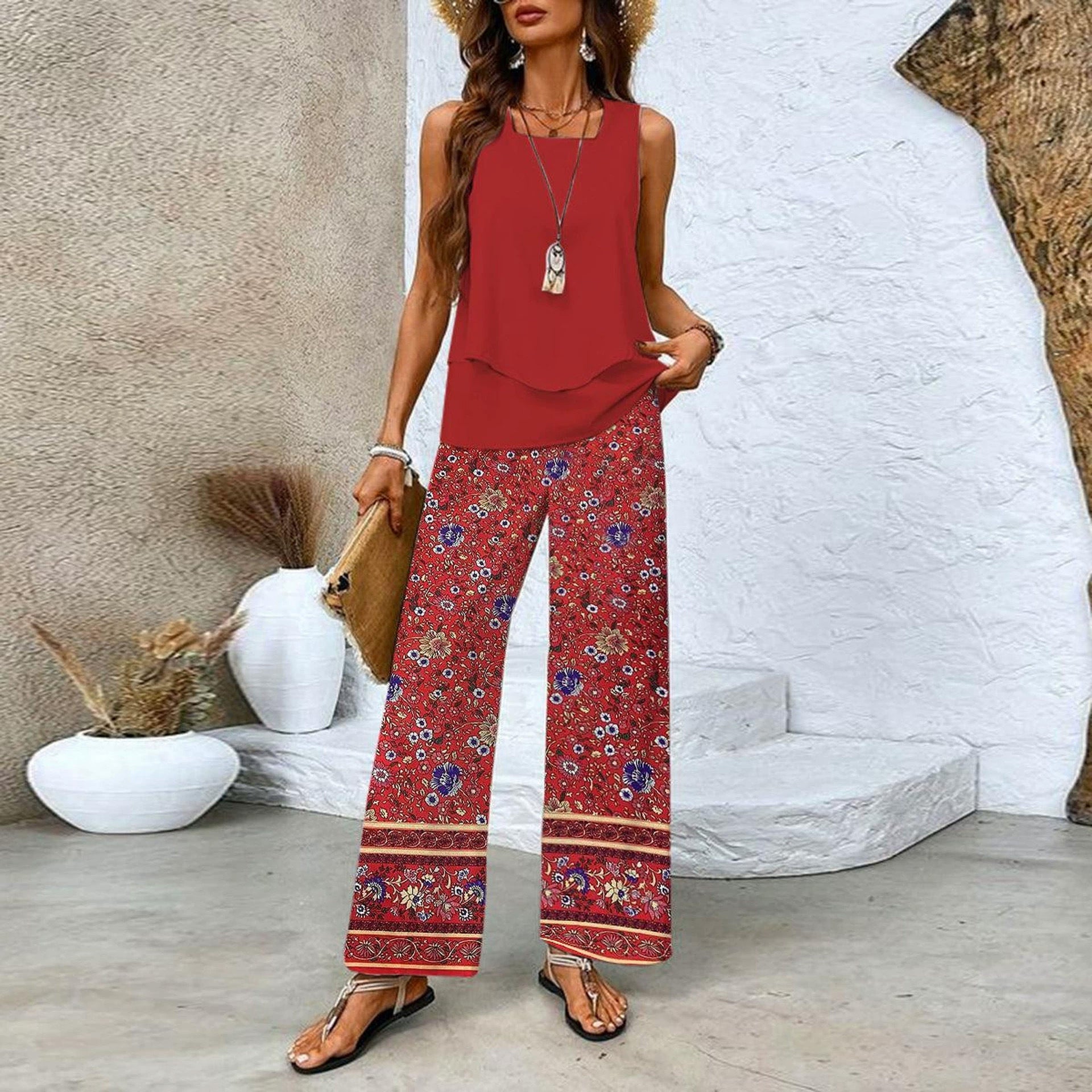 Women's Summer Sleeveless Layered Vest & Pants Set
