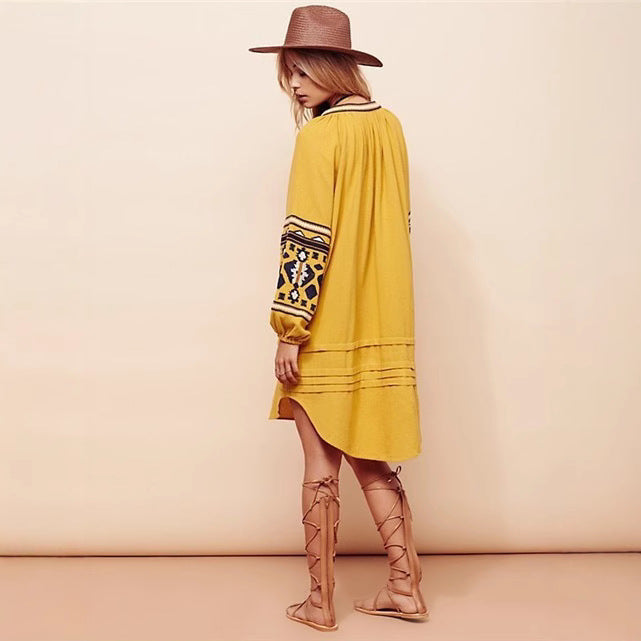 Bohemian Ethnic Embroidered Loose Front Button Dress