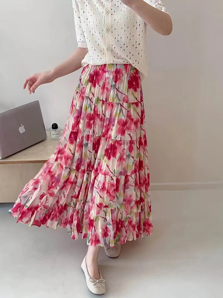 Yuan Su's new summer Wizard of Oz floral pleated skirt, high waist versatile and thin wrinkled A-shaped big swing skirt-Peach Blossom - Pink-one size fits all-Free Shipping Leatheretro