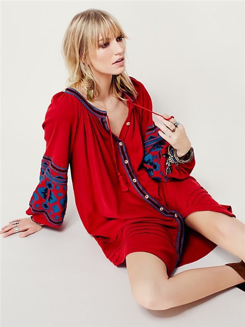 Bohemian Ethnic Embroidered Loose Front Button Dress
