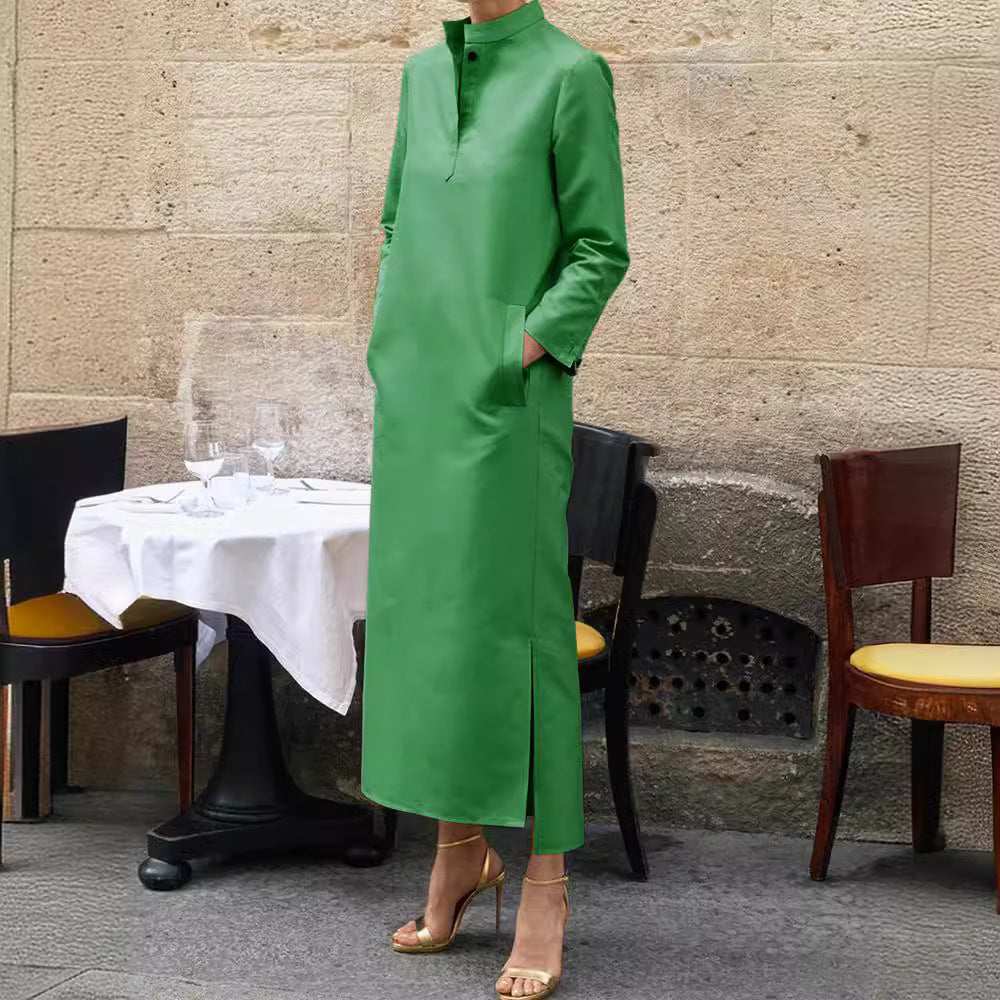 Elegant Solid Color Midi Dress with High Neck, Long Sleeves, and Side Slit