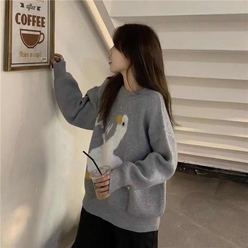 Women's Embroidered Duck Flocking Oversized Sweater