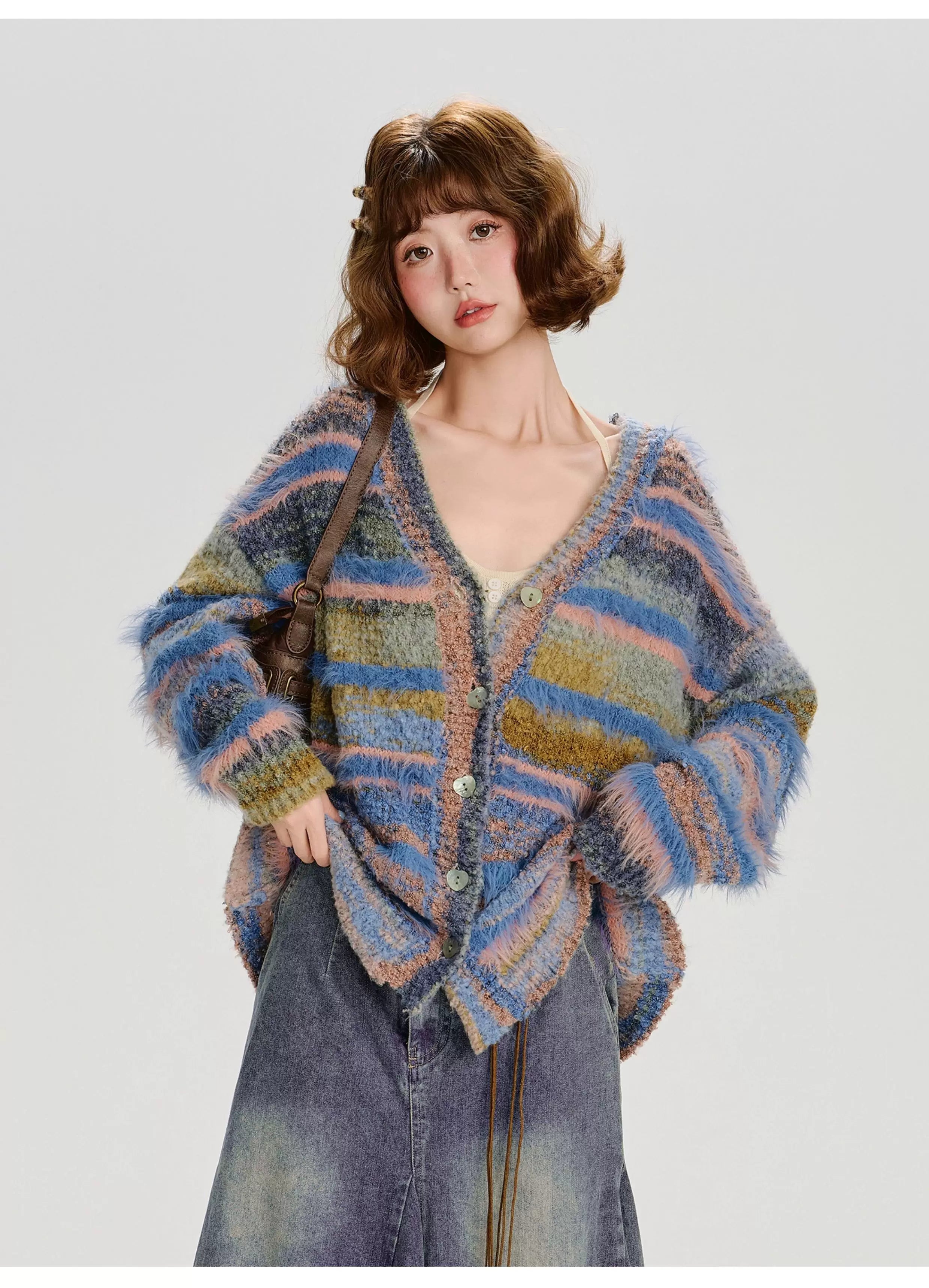 Girlyhalo Vintage Gradient Striped Plush Cardigan