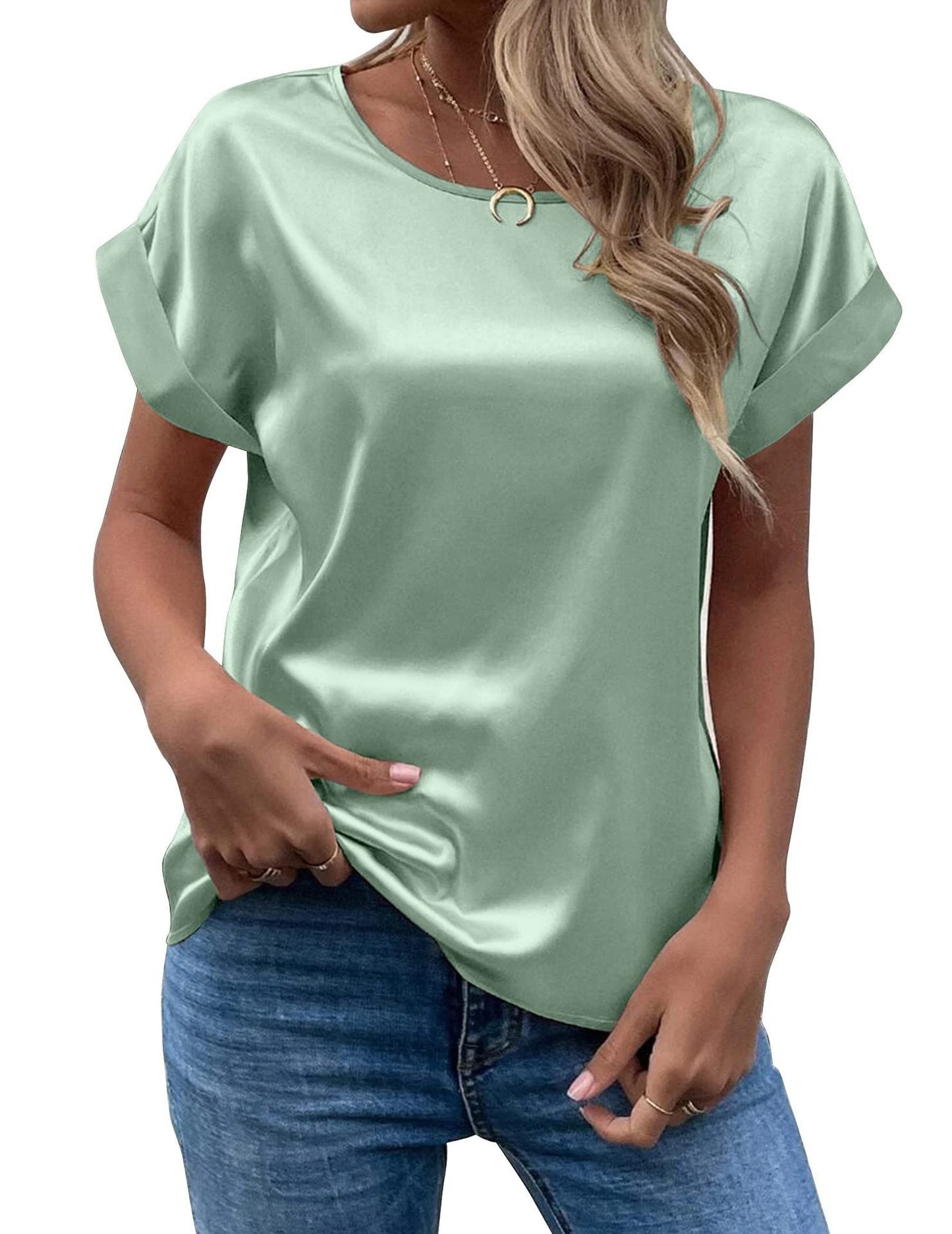 Simple Design Satin Women Short Sleeves Blouses