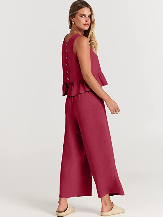 Women's Summer Sleeveless Pleated Vest & Wide-Leg Cropped Pants Casual Set