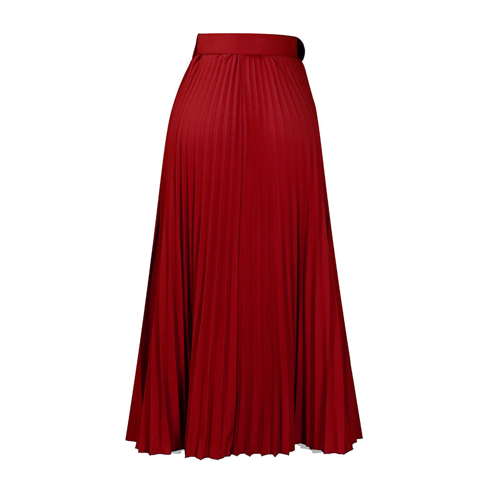 High-Waisted Pleated Midi Skirt with Belt