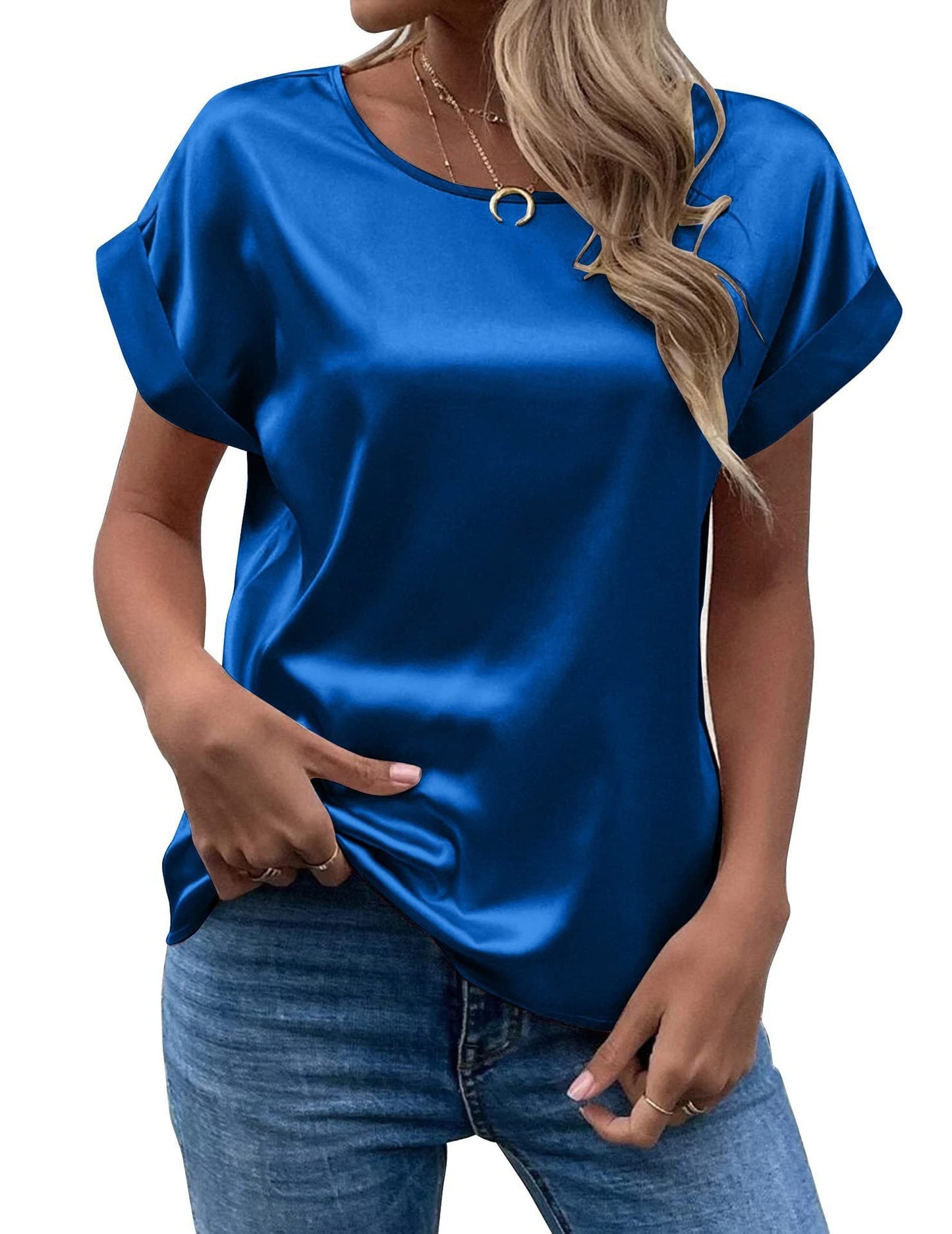 Simple Design Satin Women Short Sleeves Blouses