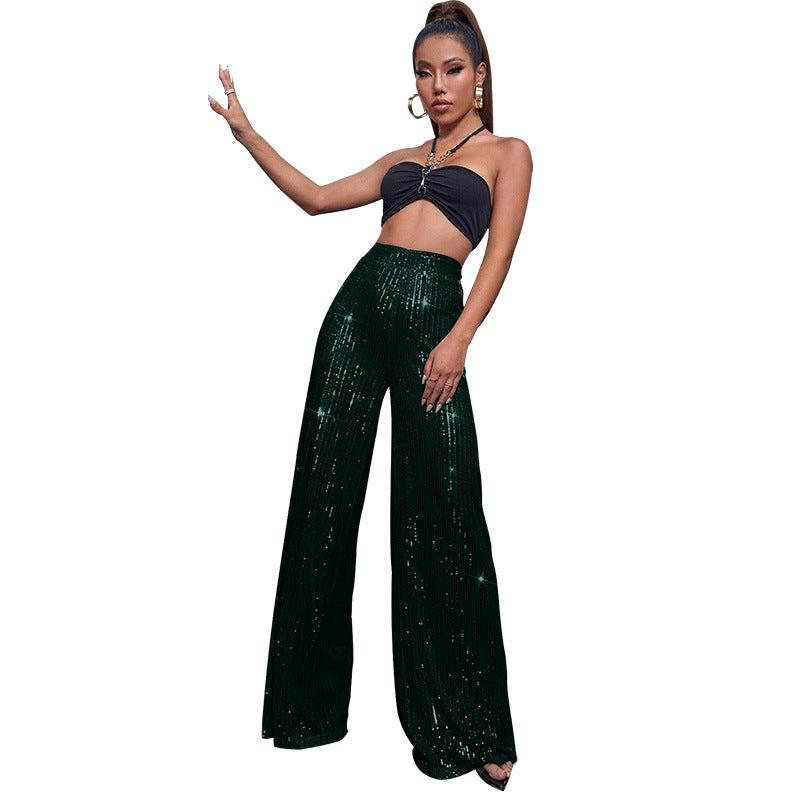 Fashion High Waist Sequin Summer Wide Legs Pants