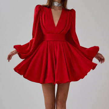 Elegant Red Ruffled Satin Dress