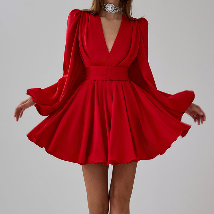 Elegant Red Ruffled Satin Dress