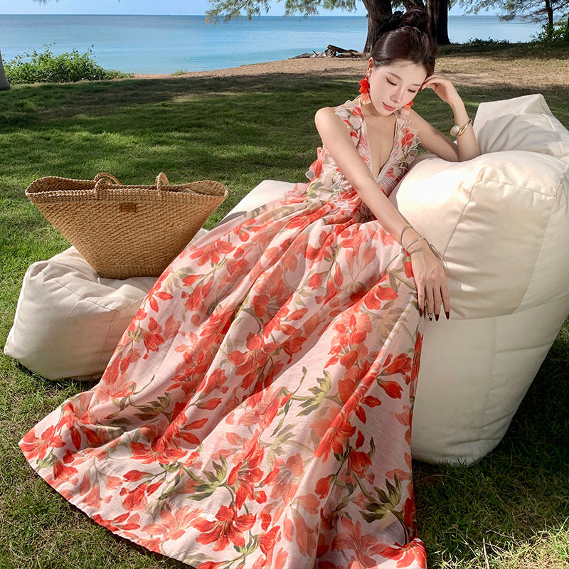 Lily Flower Winged Halter Backless Maxi Dress – Elegant Summer Vacation Gown