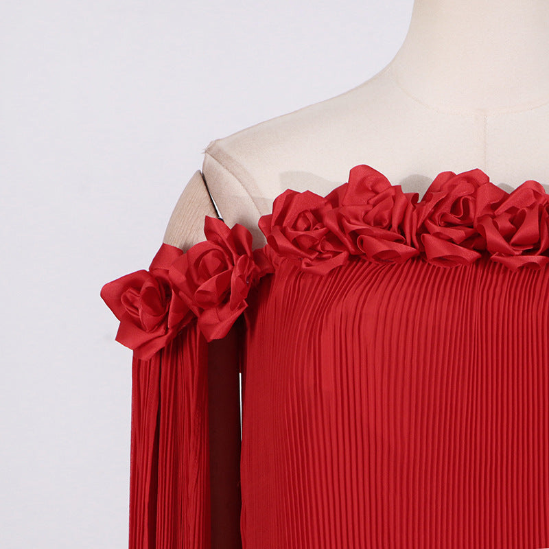 Elegant Off-Shoulder Long Dress with 3D Floral Appliques