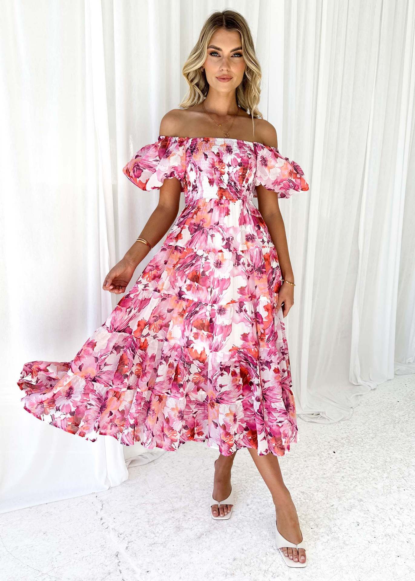 Spring Summer Off-Shoulder Floral Print Puff Sleeve Dress