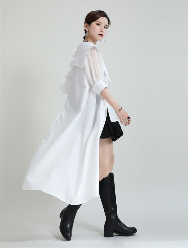 Summer Asymmetrical Bubble Sleeve Shirt Dress with Peplum Waist & Patchwork Design