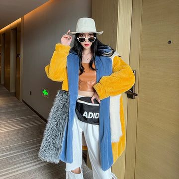 Winter Faux Fur Jacket with Contrast Collar, Oversized Outerwear