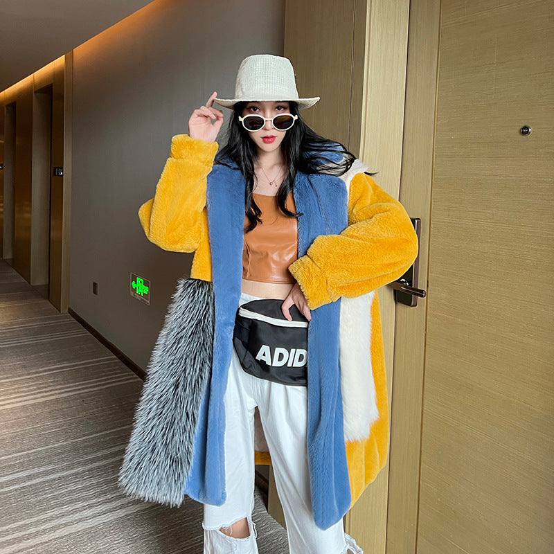 Winter Faux Fur Jacket with Contrast Collar, Oversized Outerwear