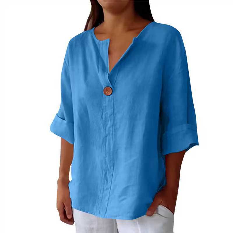 Women's Summer Loose-Fit V-Neck Cotton Linen Button-Up T-Shirt