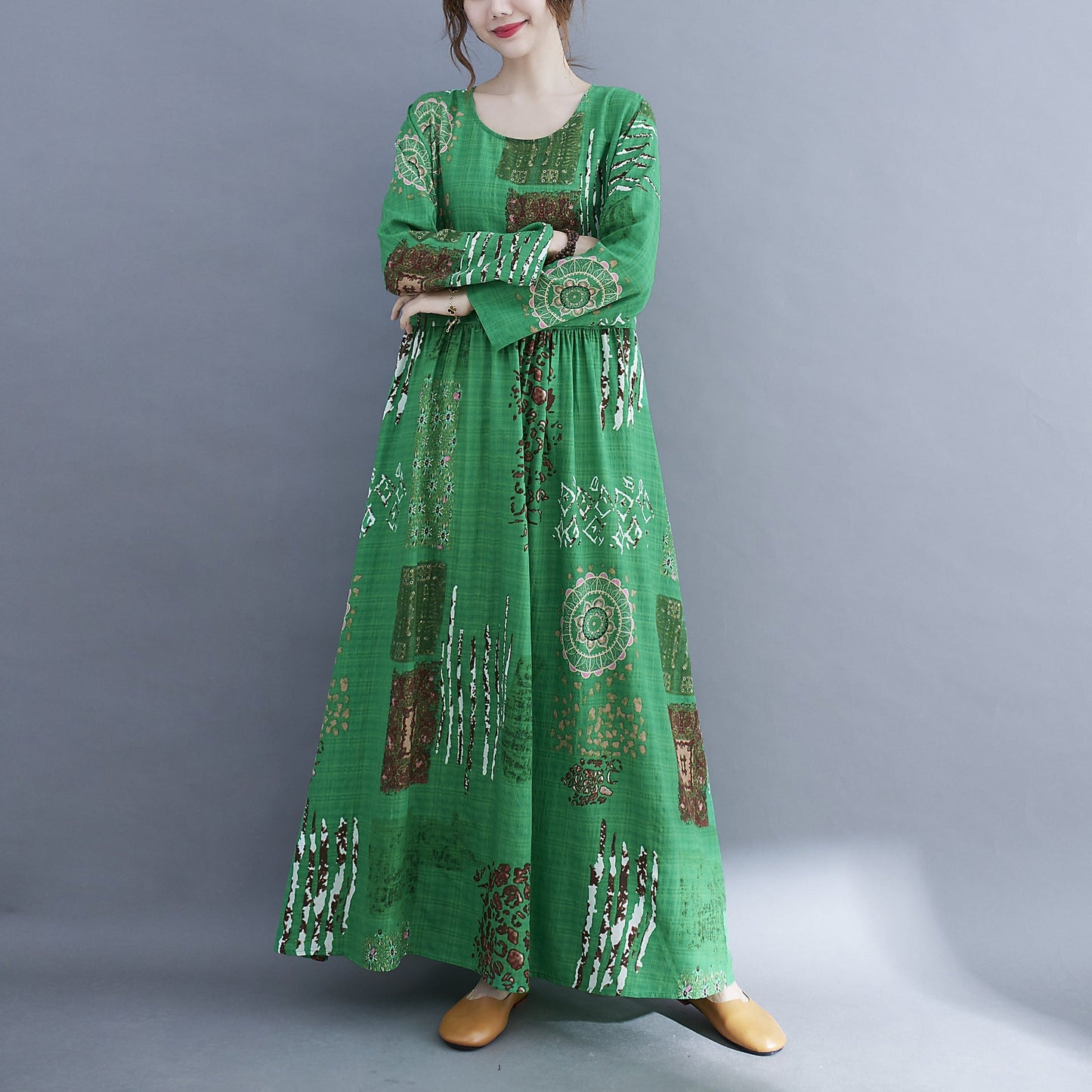 Women Green Plus Sizes Long Sleeves Cozy Dresses-Dresses-Free Shipping at meselling99