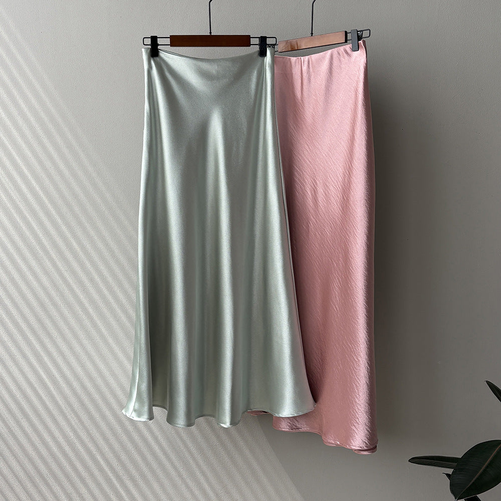 uxury Satin Midi Skirt – High Waist Bodycon Fishtail Skirt with Textured Detail-White-M-Free Shipping Leatheretro