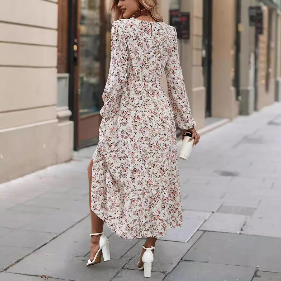 Floral Print Ruffle Hem Long Sleeve Dress
