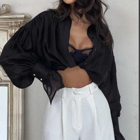 Women's Sheer Sexy Solid Color Blouse Shirts-White-S-Free Shipping Leatheretro