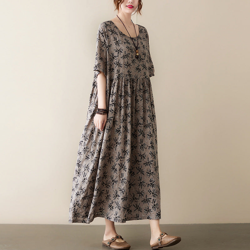 Vintage Leaf Print Plus Sizes Women Dresses-Dresses-Free Shipping at meselling99