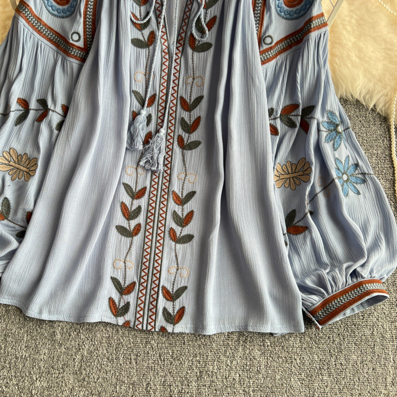 Ethnic Embroidered Tie-Neck Blouse-White-one size-Free Shipping Leatheretro