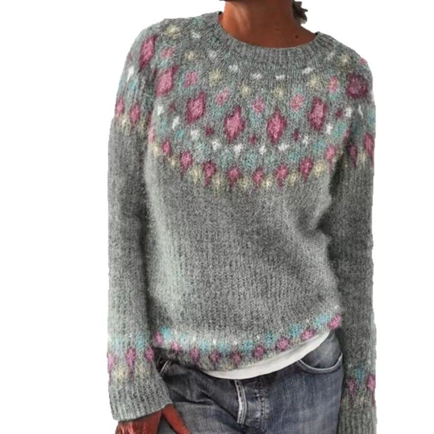 Women's Loose Knit Sweater - Color Block Round Neck Pullover