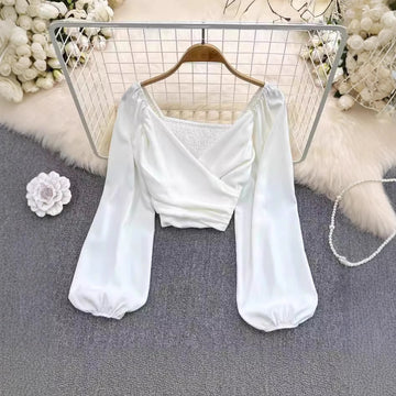 V-Neck Ruffle Bubble Sleeve Cropped Top