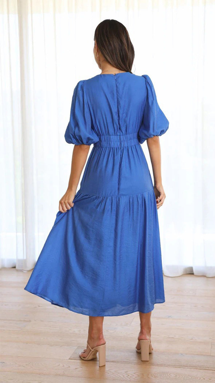 Chic Deep V Puff Sleeve Vacation Dress