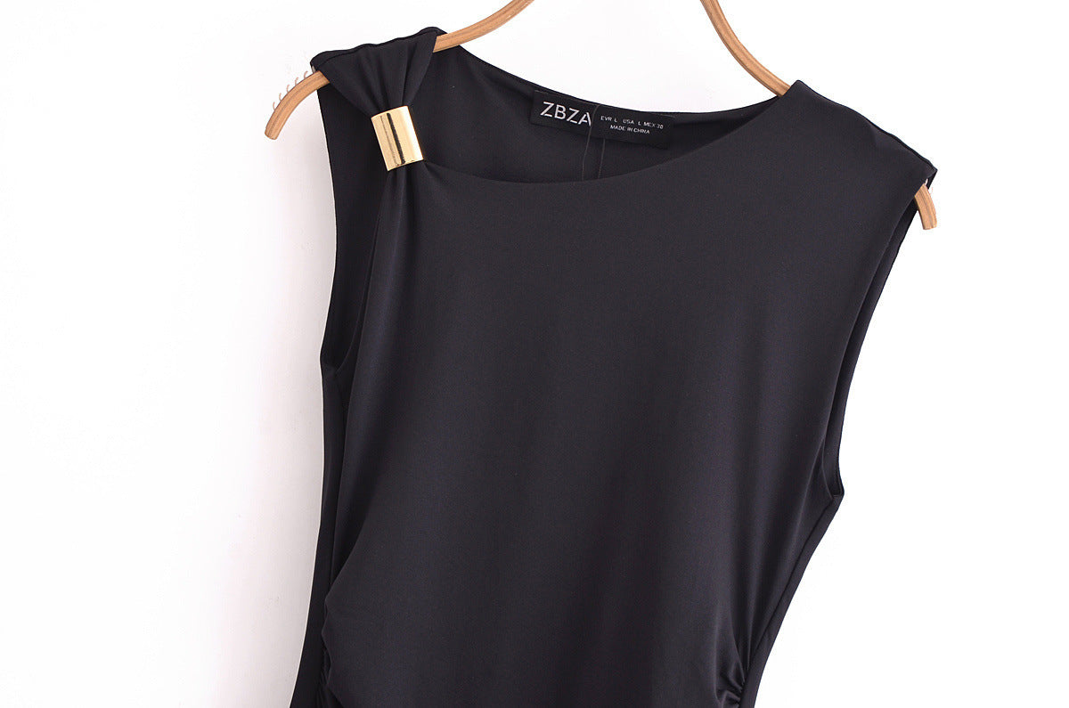 Gold Trim Asymmetrical Neckline Sleeveless Midi Dress