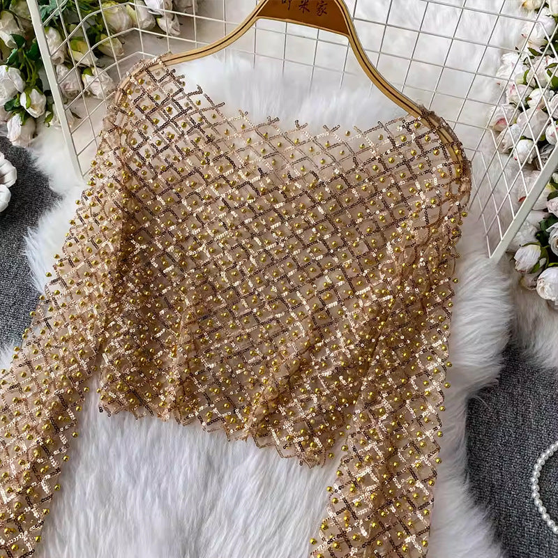 Sequin Beaded Round Neck Long Sleeve Cropped Top